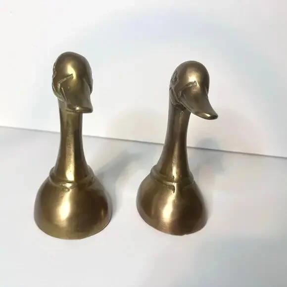 Brass Bookends Mallard Duck Head Set 6" Mid Century Brass Decor Doorstop Gift - Picture 2 of 7